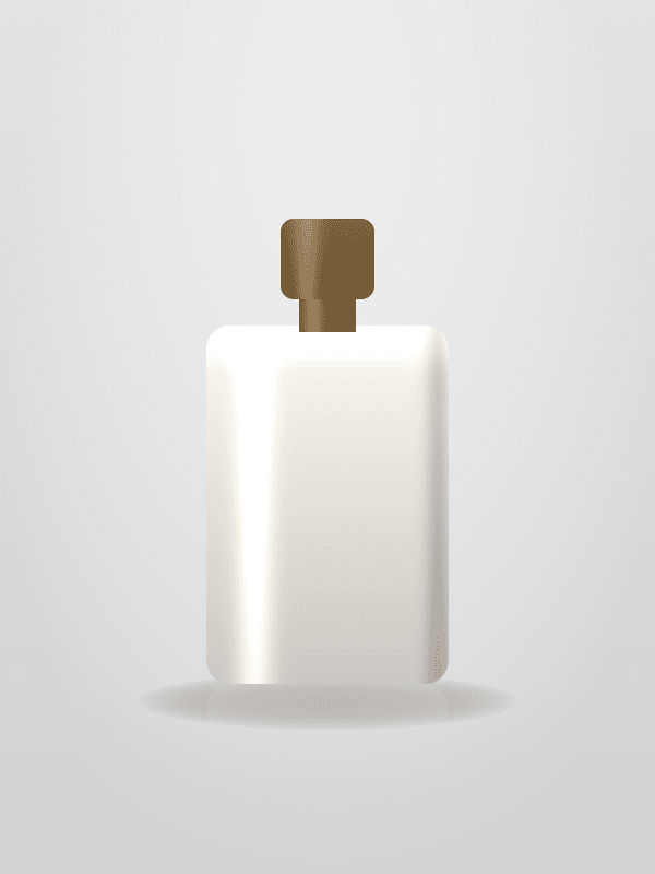 Frasco de vidro fosco branco-acinzentado com tampa prateada, em fundo marfim